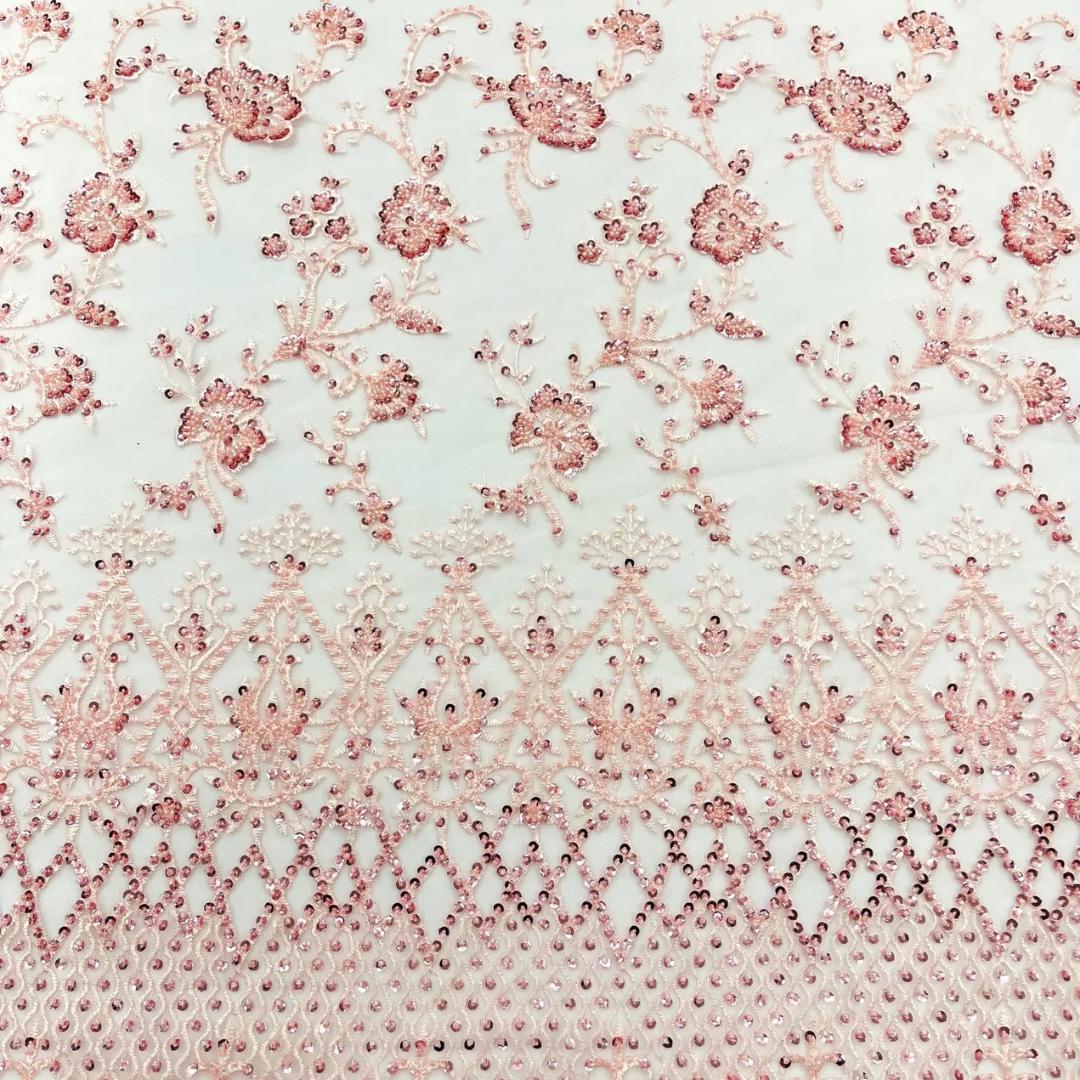 Luxurious Design Lace - Pink - Beaded Design with Embroidered Sequins and Beads On a Mesh Lace Fabric for Prom Dress By The Yard
