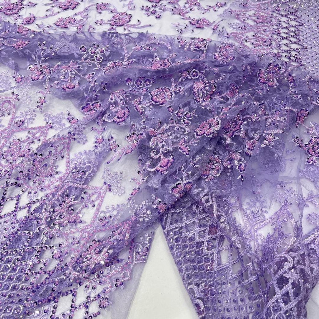 Luxurious Design Lace - Lilac - Beaded Design with Embroidered Sequins and Beads On a Mesh Lace Fabric for Prom Dress By The Yard