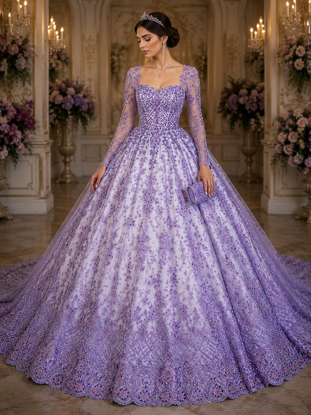 Luxurious Design Lace - Lilac - Beaded Design with Embroidered Sequins and Beads On a Mesh Lace Fabric for Prom Dress By The Yard