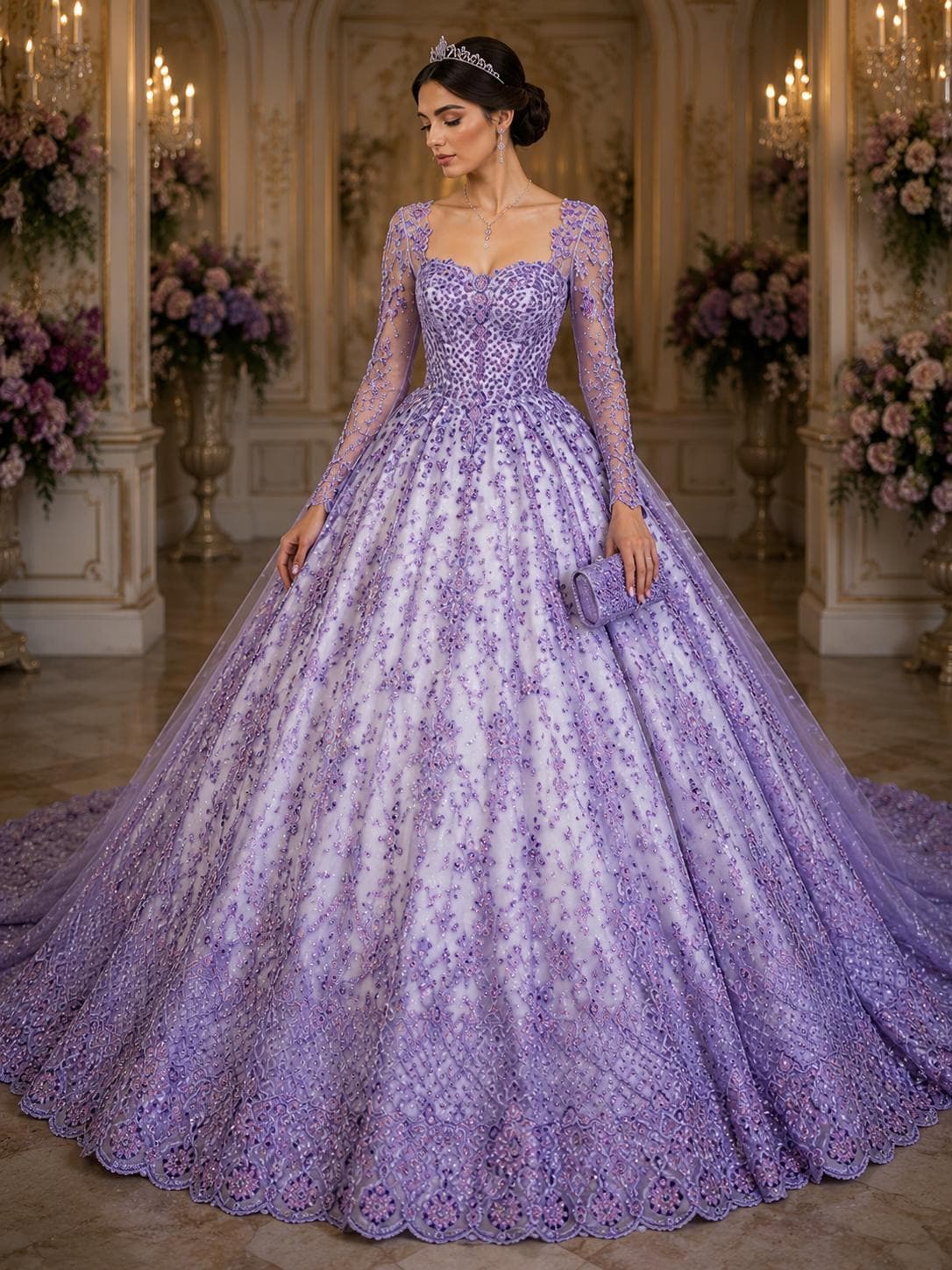 Luxurious Design Lace - Lilac - Beaded Design with Embroidered Sequins and Beads On a Mesh Lace Fabric for Prom Dress By The Yard