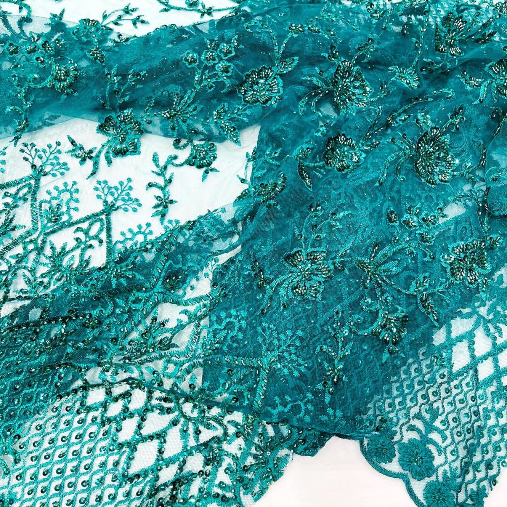 Luxurious Design Lace - Hunter - Beaded Design with Embroidered Sequins and Beads On a Mesh Lace Fabric for Prom Dress By The Yard