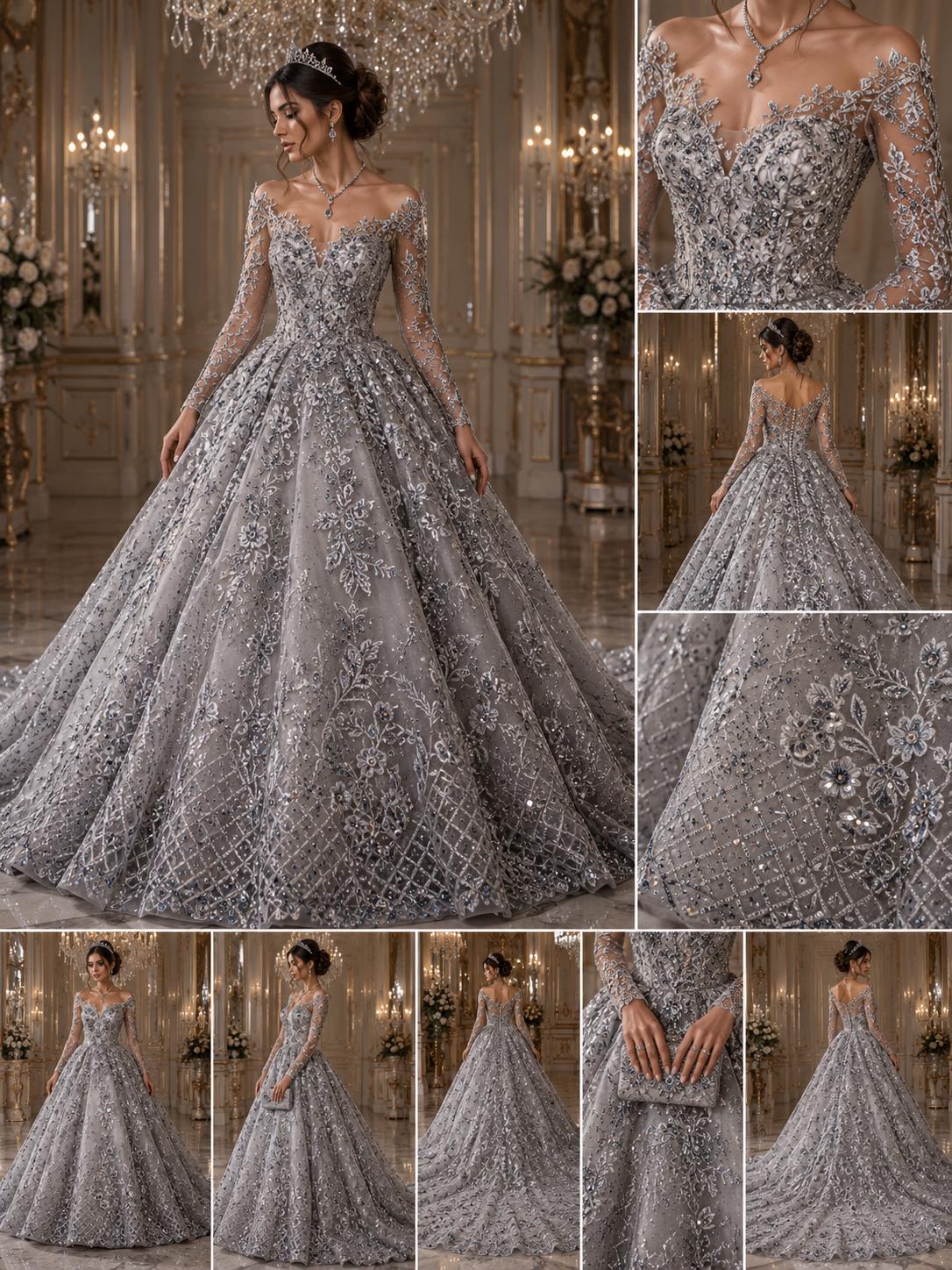 Luxurious Design Lace - Gray - Beaded Design with Embroidered Sequins and Beads On a Mesh Lace Fabric for Prom Dress By The Yard
