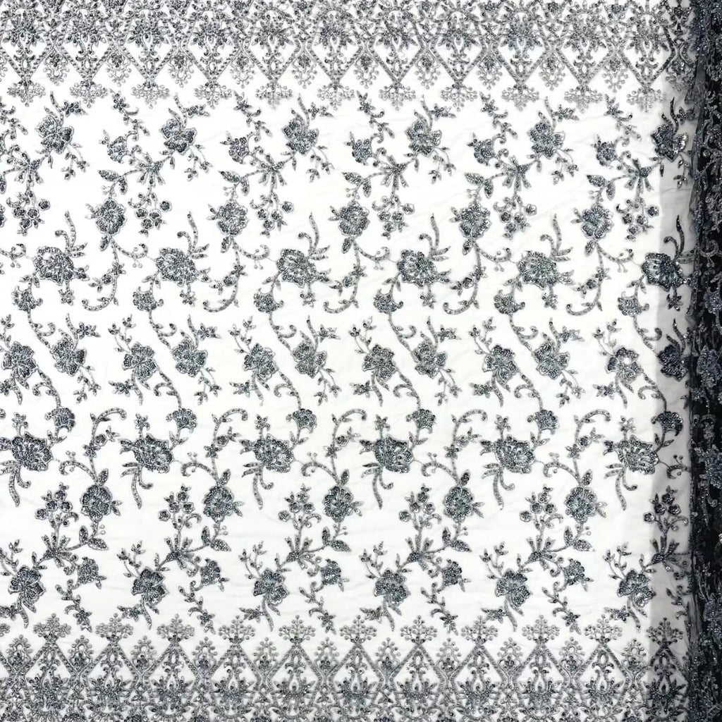 Luxurious Design Lace - Gray - Beaded Design with Embroidered Sequins and Beads On a Mesh Lace Fabric for Prom Dress By The Yard