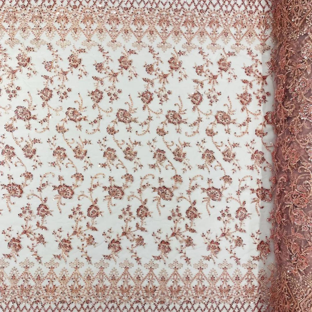 Luxurious Design Lace - Blush - Beaded Design with Embroidered Sequins and Beads On a Mesh Lace Fabric for Prom Dress By The Yard