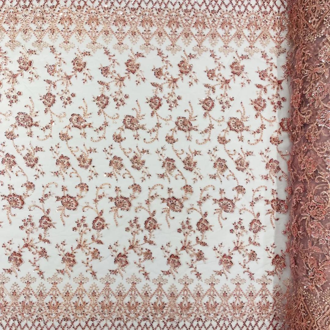 Luxurious Design Lace - Blush - Beaded Design with Embroidered Sequins and Beads On a Mesh Lace Fabric for Prom Dress By The Yard