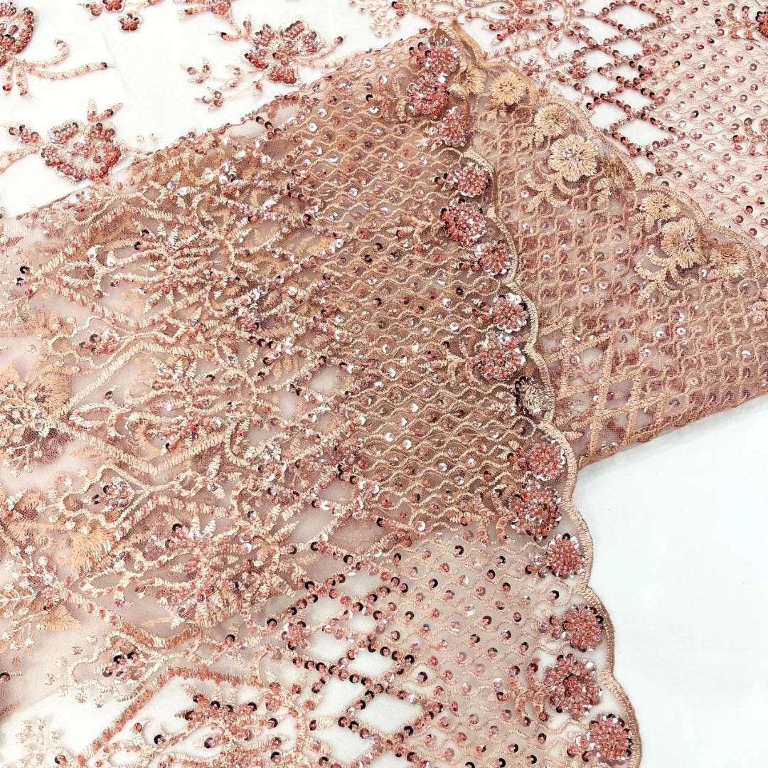 Luxurious Design Lace - Blush - Beaded Design with Embroidered Sequins and Beads On a Mesh Lace Fabric for Prom Dress By The Yard