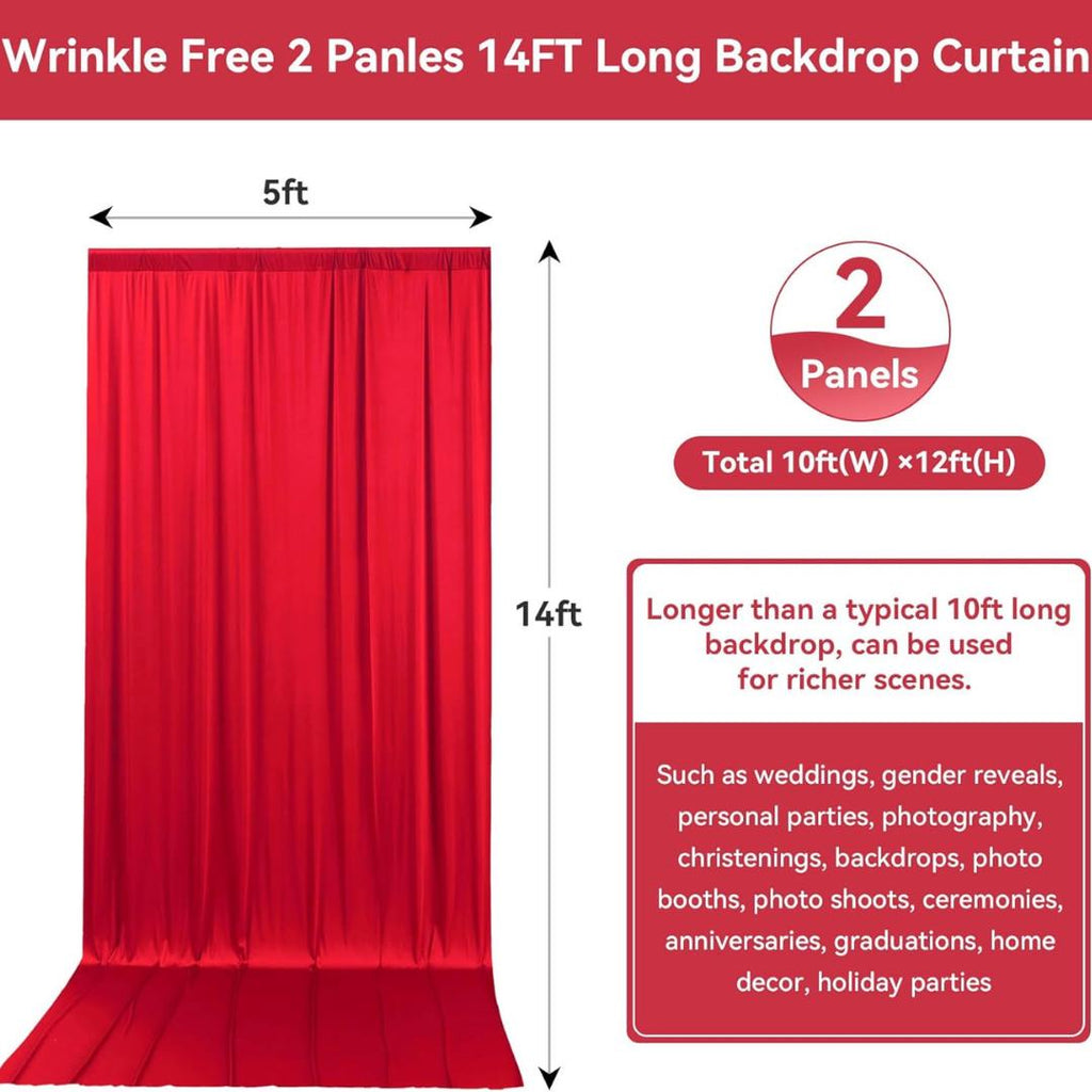 2 Panels - RED - 5Ft x 14Ft Wrinkle Free Backdrop Curtains for Parties  - Silky Interlock Backdrop for Weddings Birthday Party Curtains