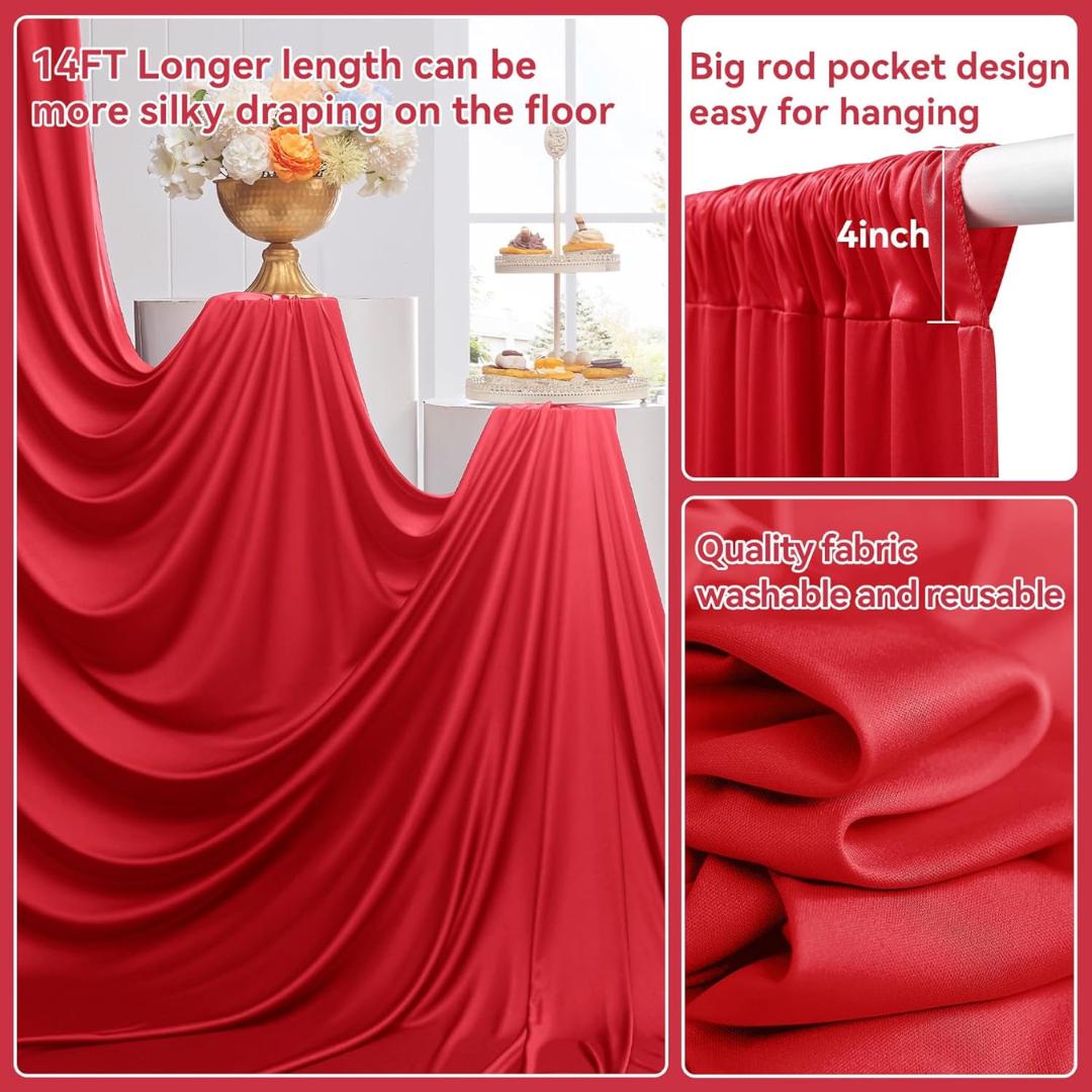 2 Panels - RED - 5Ft x 14Ft Wrinkle Free Backdrop Curtains for Parties  - Silky Interlock Backdrop for Weddings Birthday Party Curtains