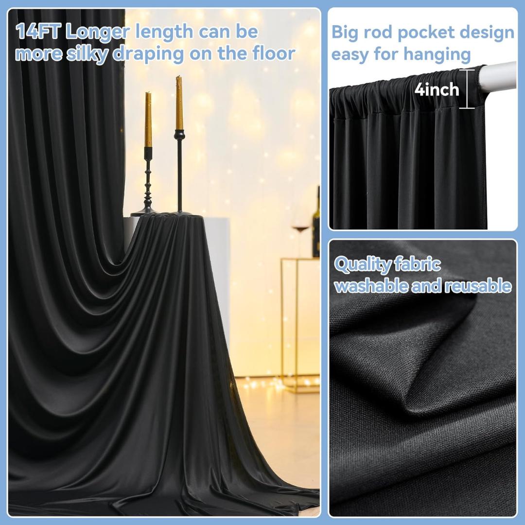 2 Panels - BLACK - 5Ft x 14Ft Wrinkle Free Backdrop Curtains for Parties  - Silky Interlock Backdrop for Weddings Birthday Party Curtains