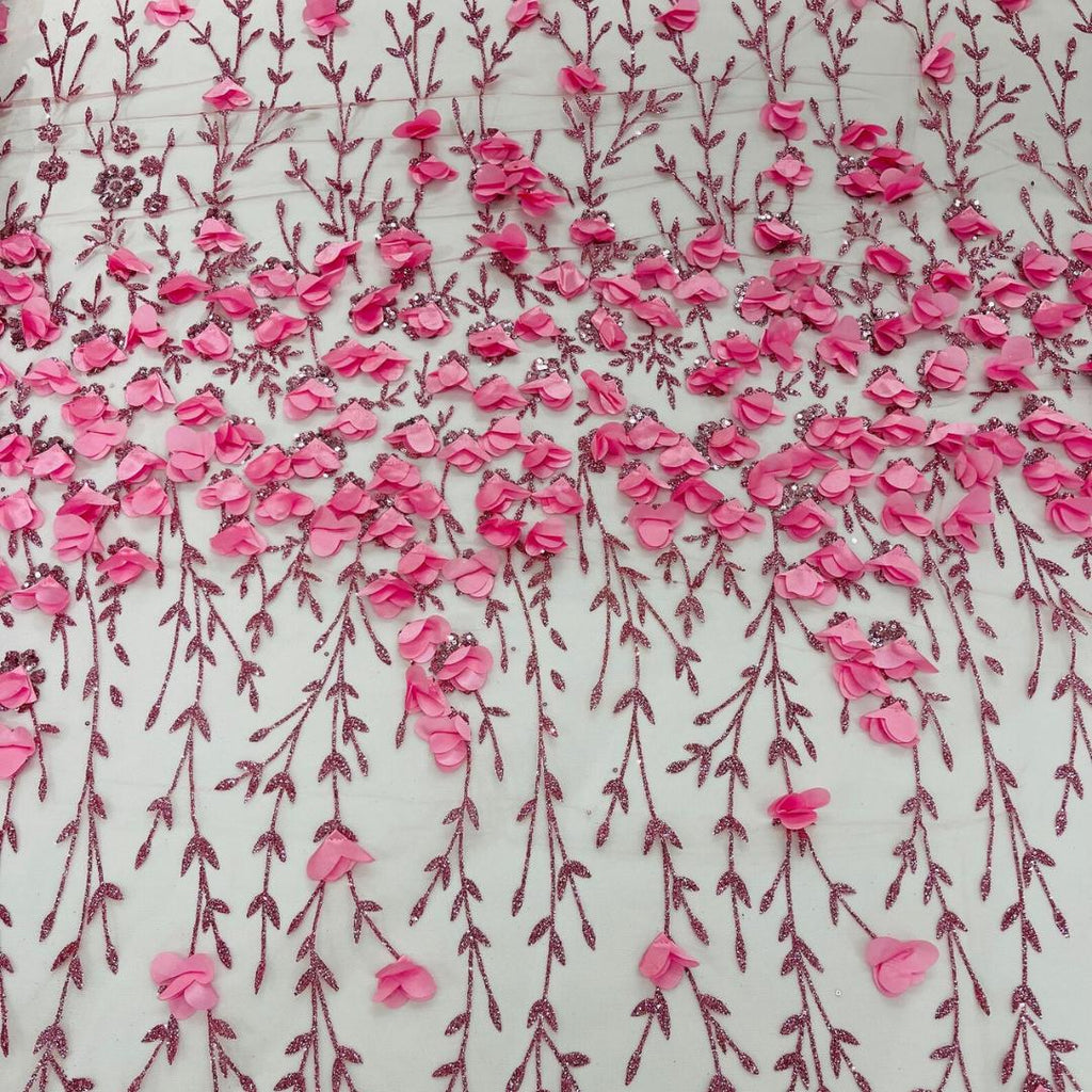 3D Floral Satin Lace - Dusty Pink -  3D Floral Embroidered Mesh Lace with Glitter| Fabric For Quinsiañera Dresses - Prom Dress Sold By Yard