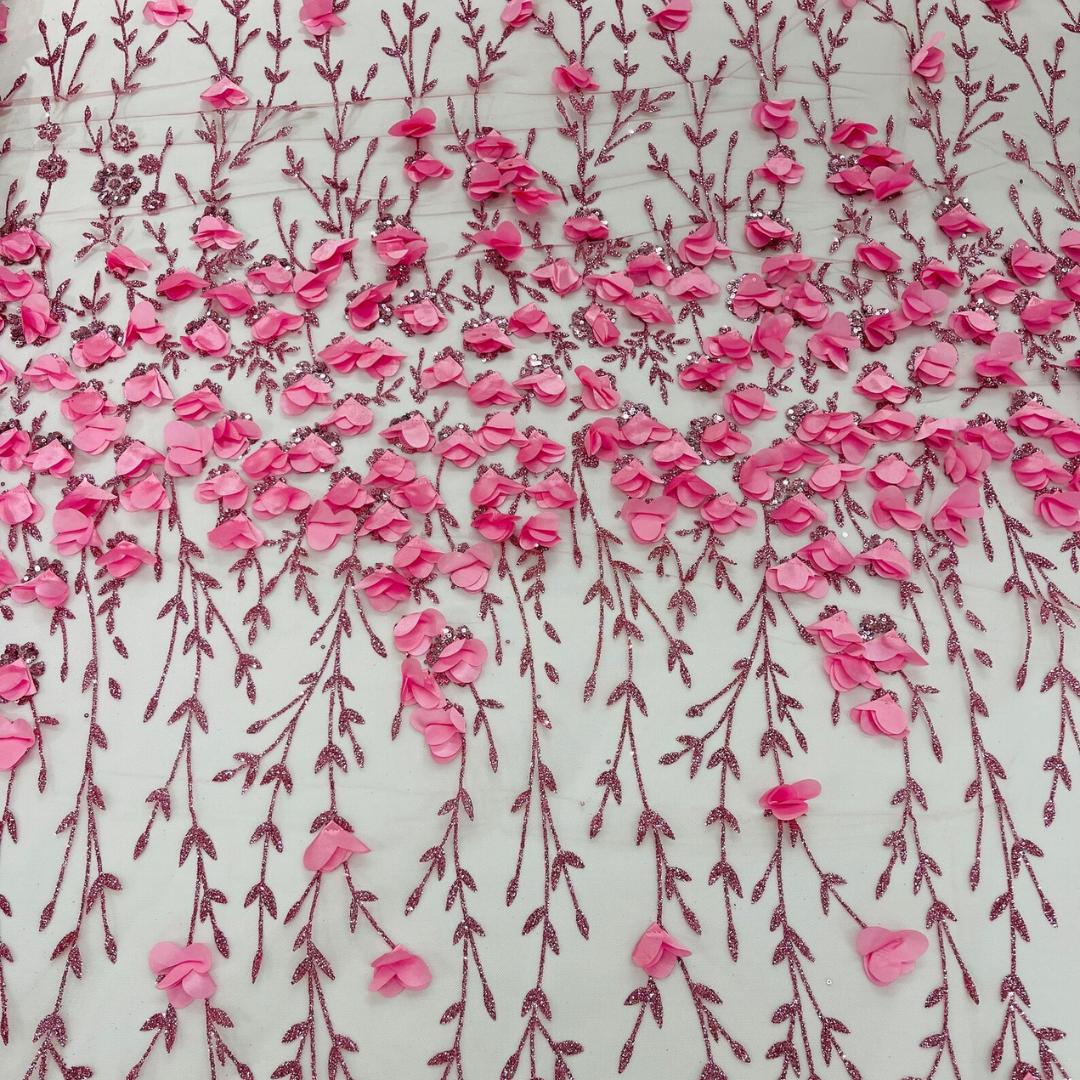 3D Floral Satin Lace - Dusty Pink -  3D Floral Embroidered Mesh Lace with Glitter| Fabric For Quinsiañera Dresses - Prom Dress Sold By Yard