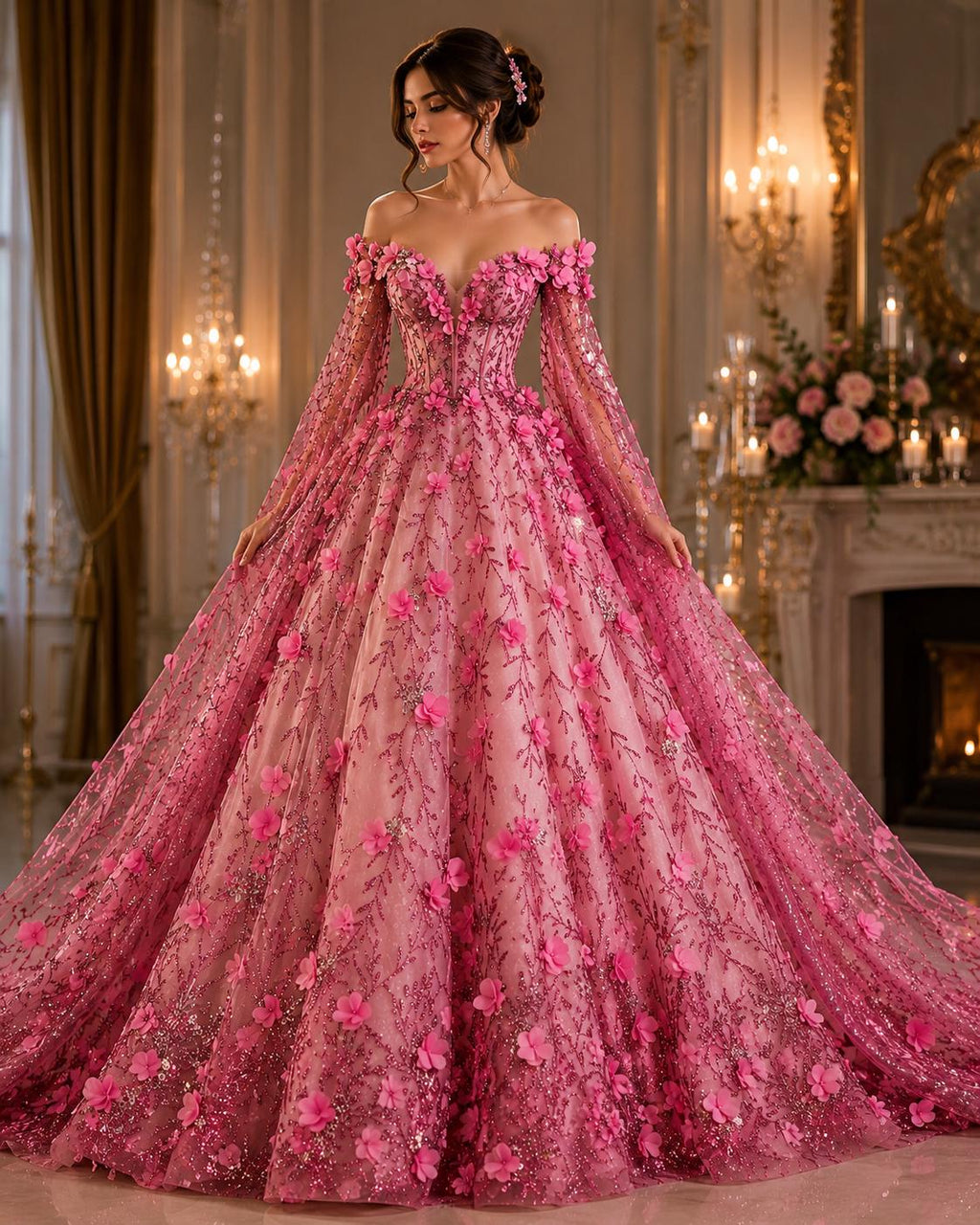3D Floral Satin Lace - Dusty Pink -  3D Floral Embroidered Mesh Lace with Glitter| Fabric For Quinsiañera Dresses - Prom Dress Sold By Yard
