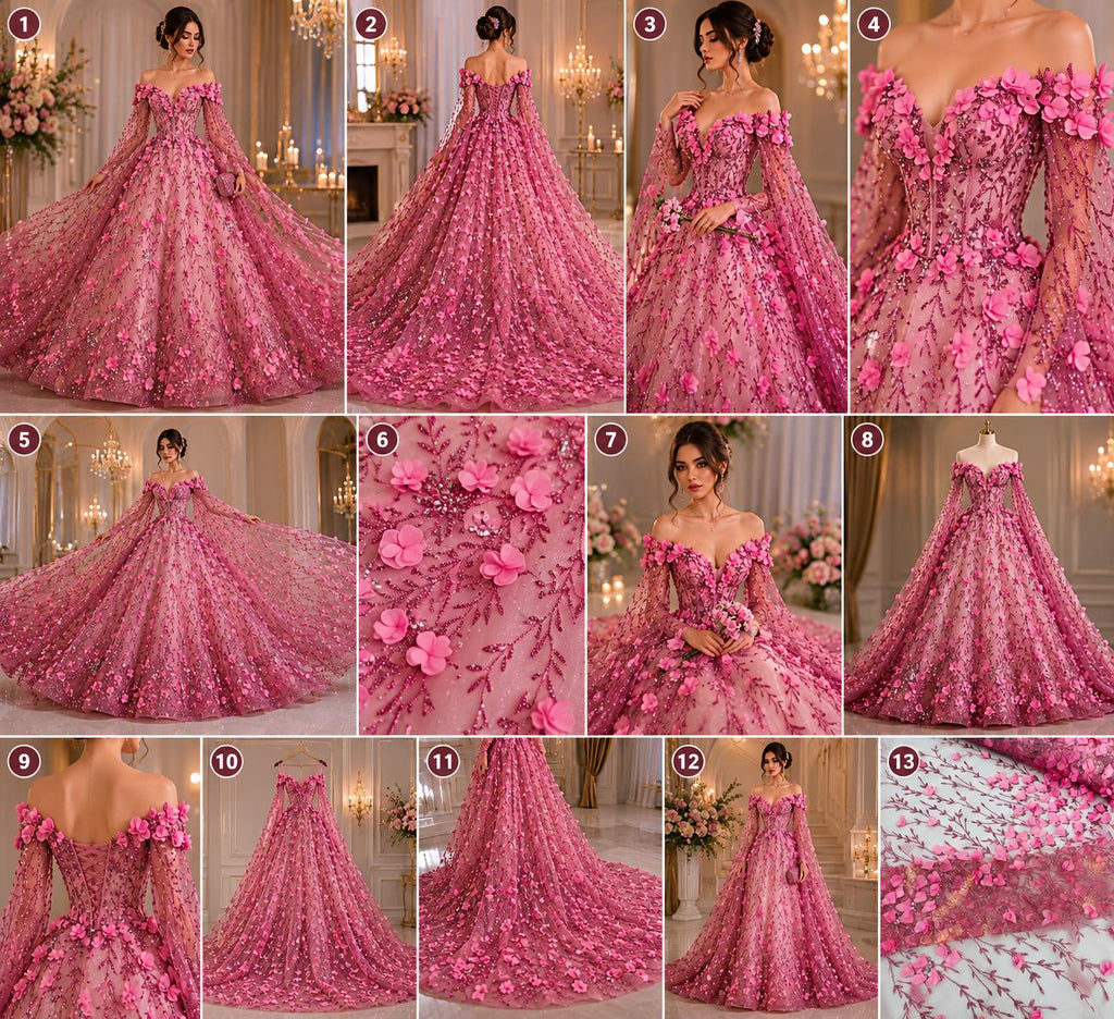 3D Floral Satin Lace - Dusty Pink -  3D Floral Embroidered Mesh Lace with Glitter| Fabric For Quinsiañera Dresses - Prom Dress Sold By Yard