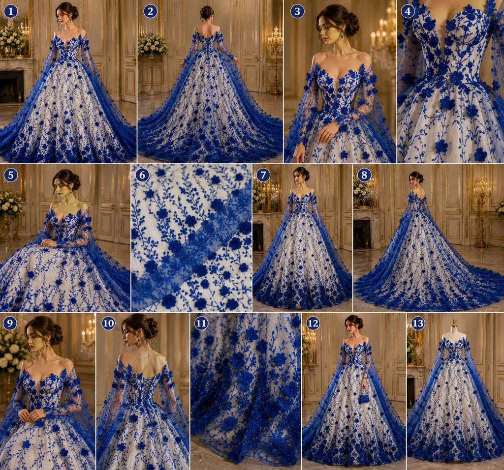 3D Floral Satin Lace - Royal Blue -  3D Floral Embroidered Mesh Lace with Glitter| Fabric For Quinsiañera Dresses - Prom Dress Sold By Yard
