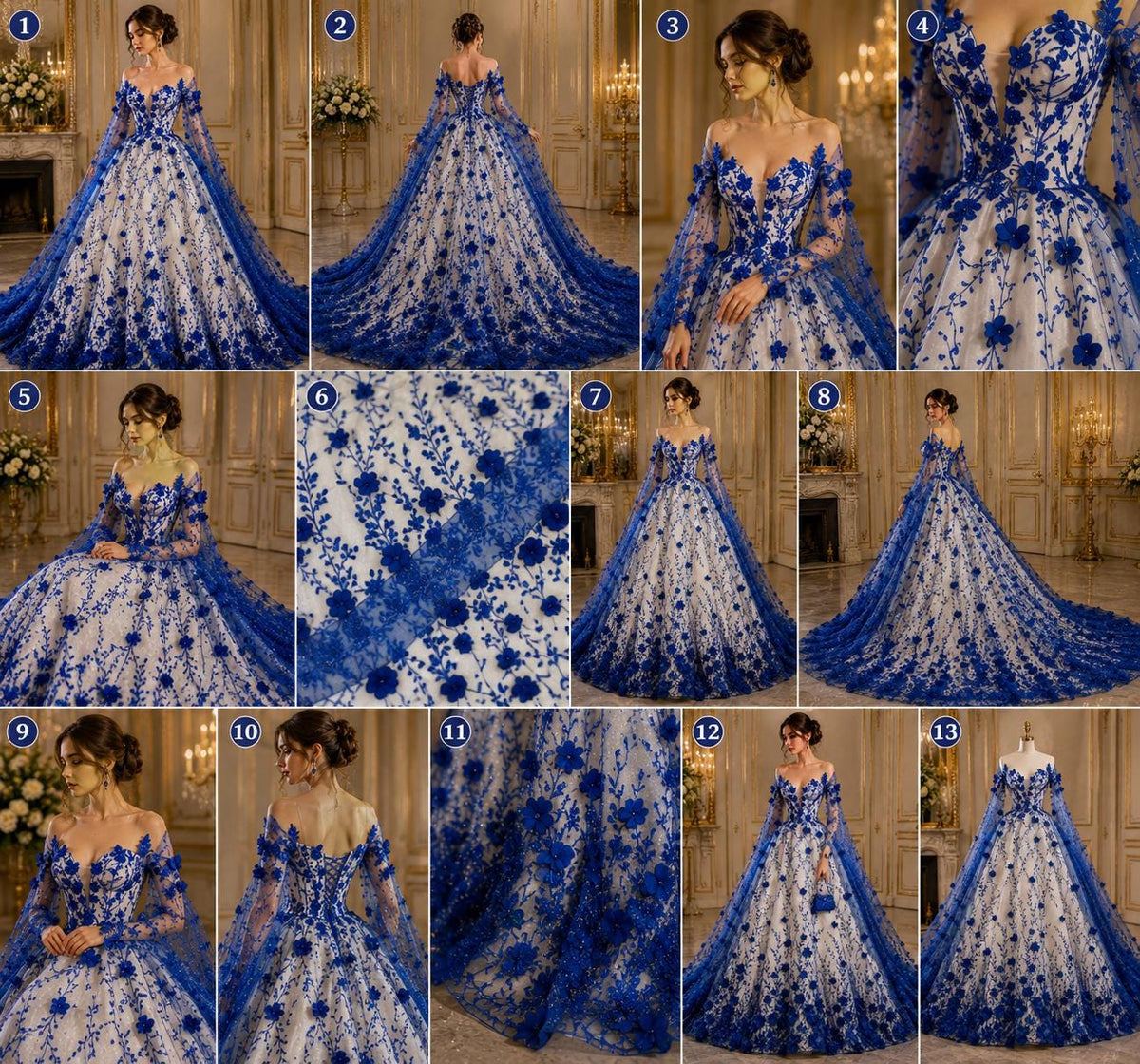 3D Floral Satin Lace - Royal Blue -  3D Floral Embroidered Mesh Lace with Glitter| Fabric For Quinsiañera Dresses - Prom Dress Sold By Yard