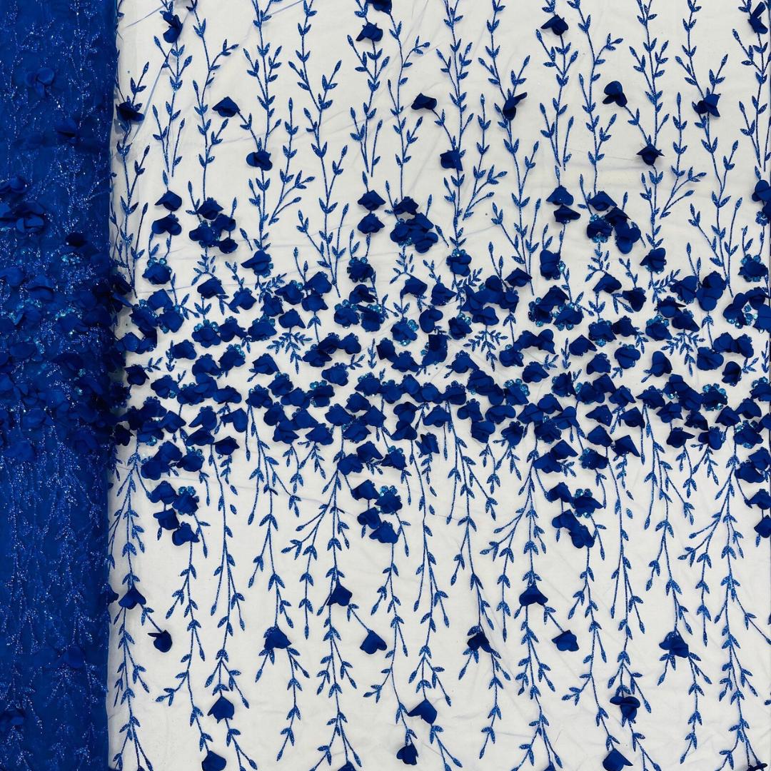 3D Floral Satin Lace - Royal Blue -  3D Floral Embroidered Mesh Lace with Glitter| Fabric For Quinsiañera Dresses - Prom Dress Sold By Yard