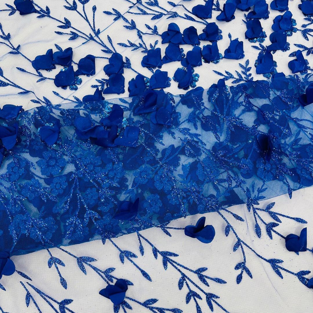 3D Floral Satin Lace - Royal Blue -  3D Floral Embroidered Mesh Lace with Glitter| Fabric For Quinsiañera Dresses - Prom Dress Sold By Yard