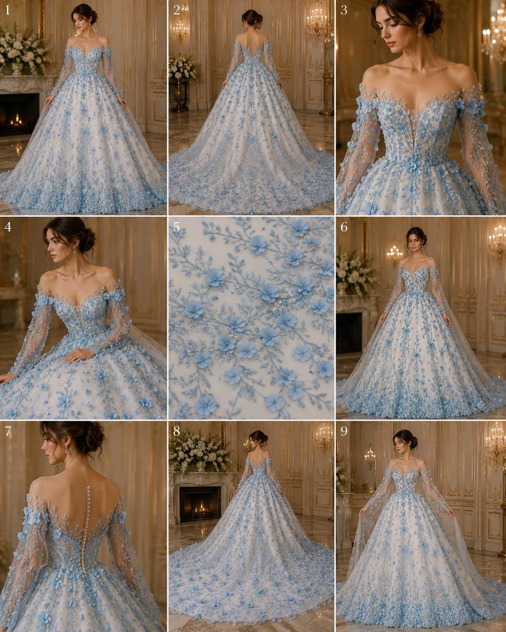 3D Floral Satin Lace - Lt Blue -  3D Floral Embroidered Mesh Lace with Glitter| Fabric For Quinsiañera Dresses - Prom Dress Sold By Yard