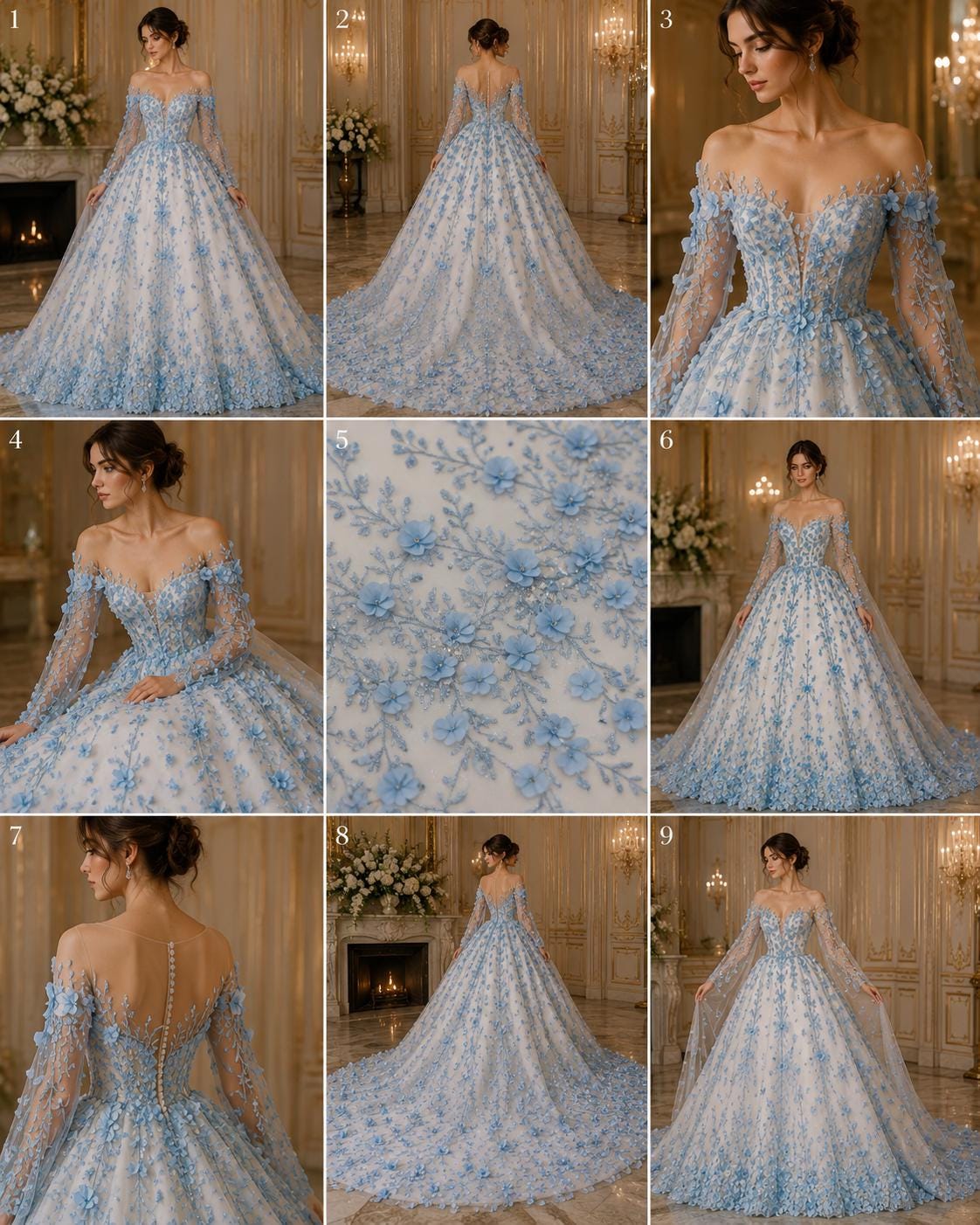 3D Floral Satin Lace - Lt Blue -  3D Floral Embroidered Mesh Lace with Glitter| Fabric For Quinsiañera Dresses - Prom Dress Sold By Yard