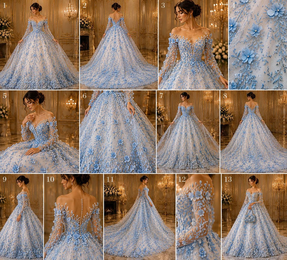 3D Floral Satin Lace - Lt Blue -  3D Floral Embroidered Mesh Lace with Glitter| Fabric For Quinsiañera Dresses - Prom Dress Sold By Yard