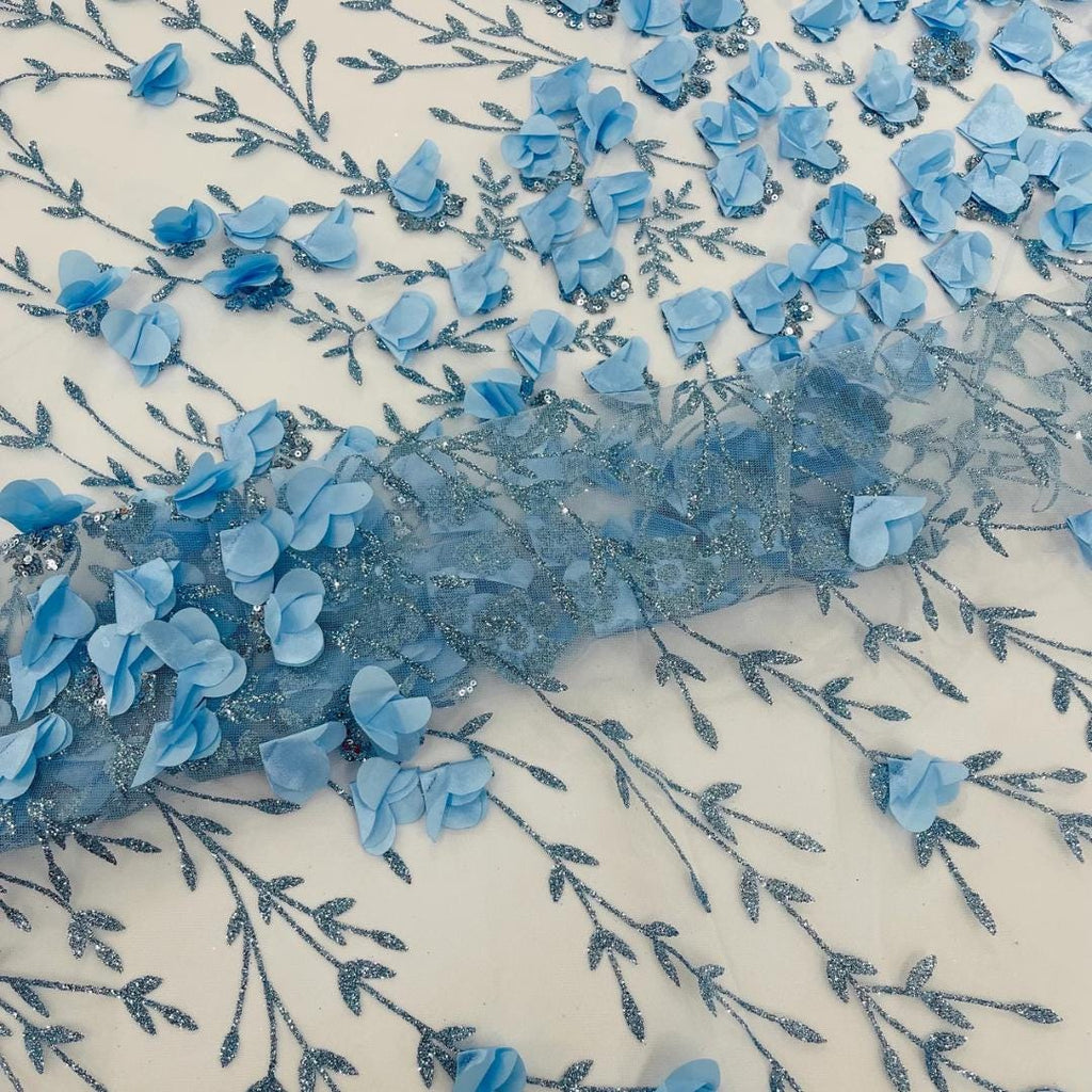 3D Floral Satin Lace - Lt Blue -  3D Floral Embroidered Mesh Lace with Glitter| Fabric For Quinsiañera Dresses - Prom Dress Sold By Yard