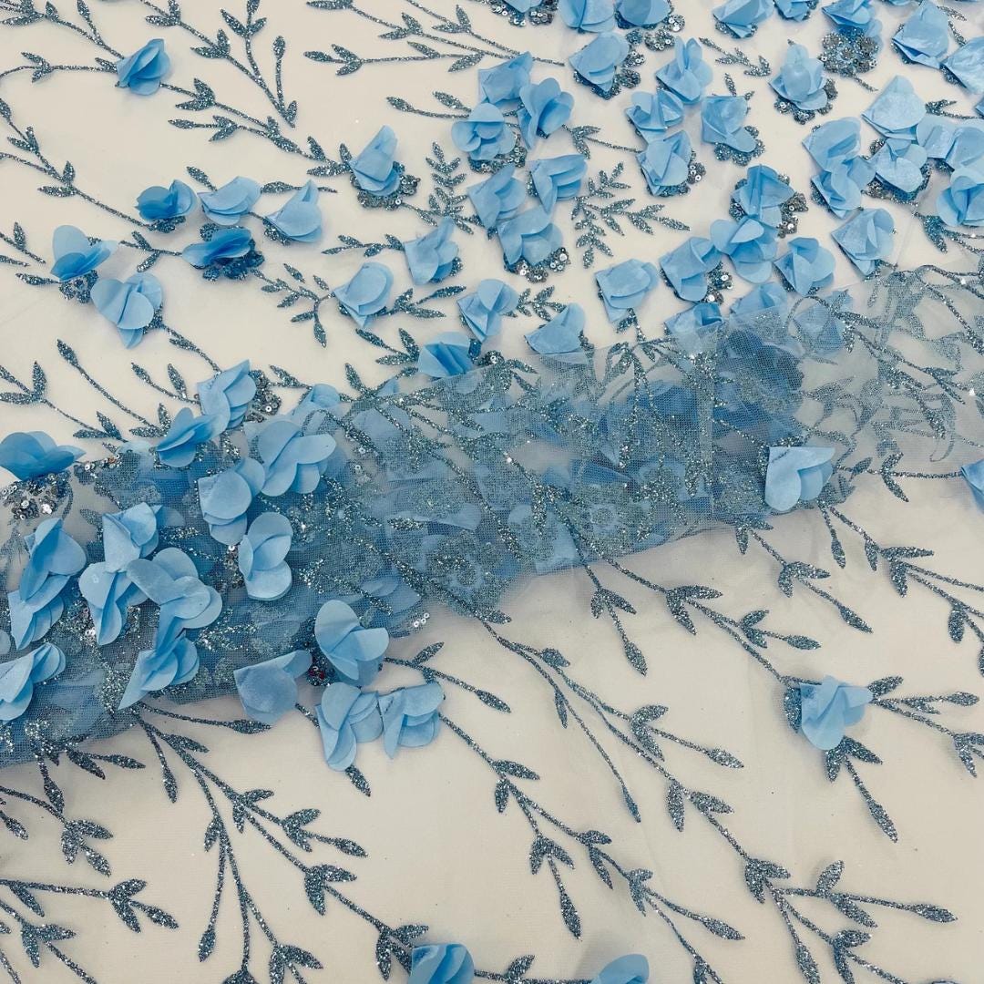 3D Floral Satin Lace - Lt Blue -  3D Floral Embroidered Mesh Lace with Glitter| Fabric For Quinsiañera Dresses - Prom Dress Sold By Yard