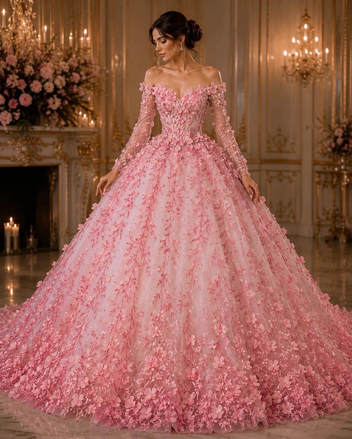 3D Floral Satin Lace - Lt Pink -  3D Floral Embroidered Mesh Lace with Glitter| Fabric For Quinsiañera Dresses - Prom Dress Sold By Yard