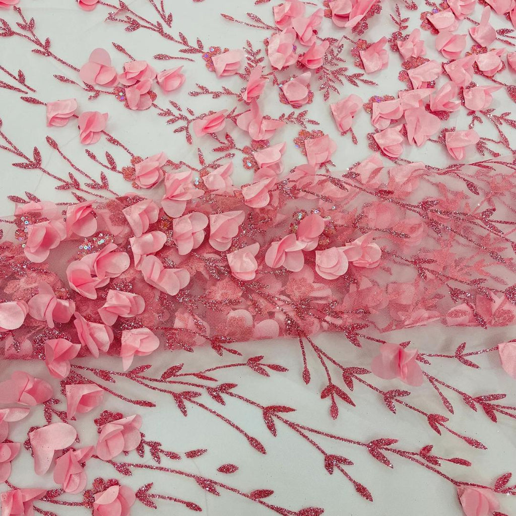 3D Floral Satin Lace - Lt Pink -  3D Floral Embroidered Mesh Lace with Glitter| Fabric For Quinsiañera Dresses - Prom Dress Sold By Yard