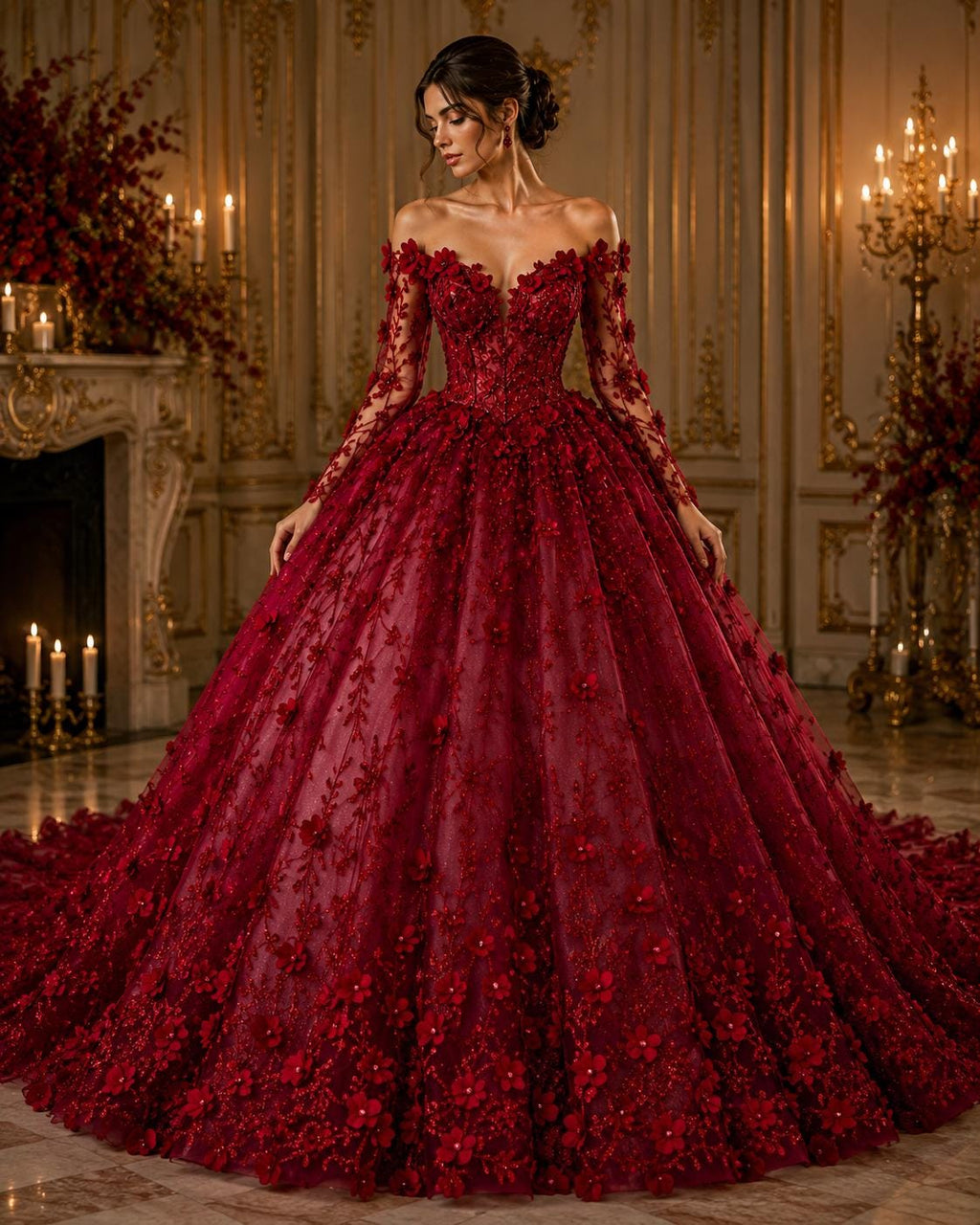 3D Floral Satin Lace - Burgundy -  3D Floral Embroidered Mesh Lace with Glitter| Fabric For Quinsiañera Dresses - Prom Dress Sold By Yard