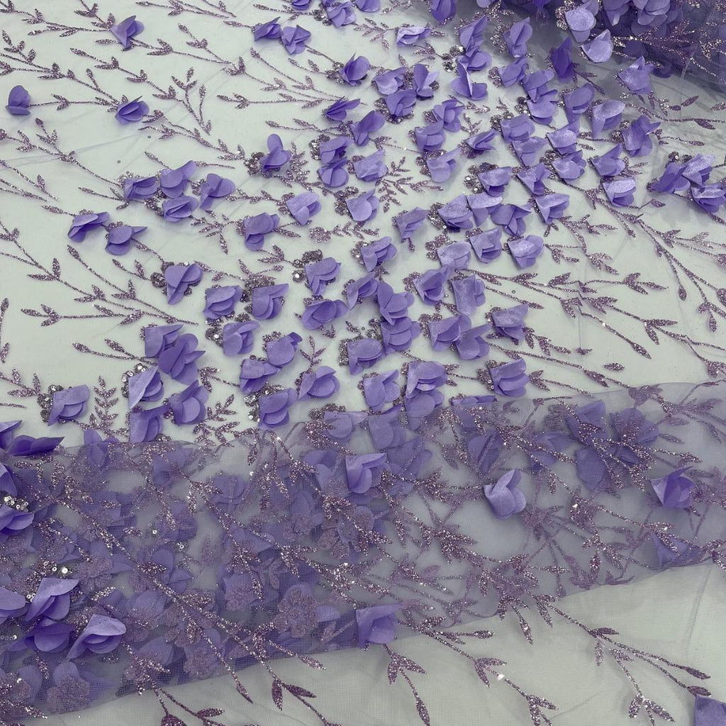 3D Floral Satin Lace - Lavender -  3D Floral Embroidered Mesh Lace with Glitter| Fabric For Quinsiañera Dresses - Prom Dress Sold By Yard