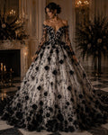 3D Floral Satin Lace - Black -  3D Floral Embroidered Mesh Lace with Glitter| Fabric For Quinsiañera Dresses - Prom Dress Sold By Yard