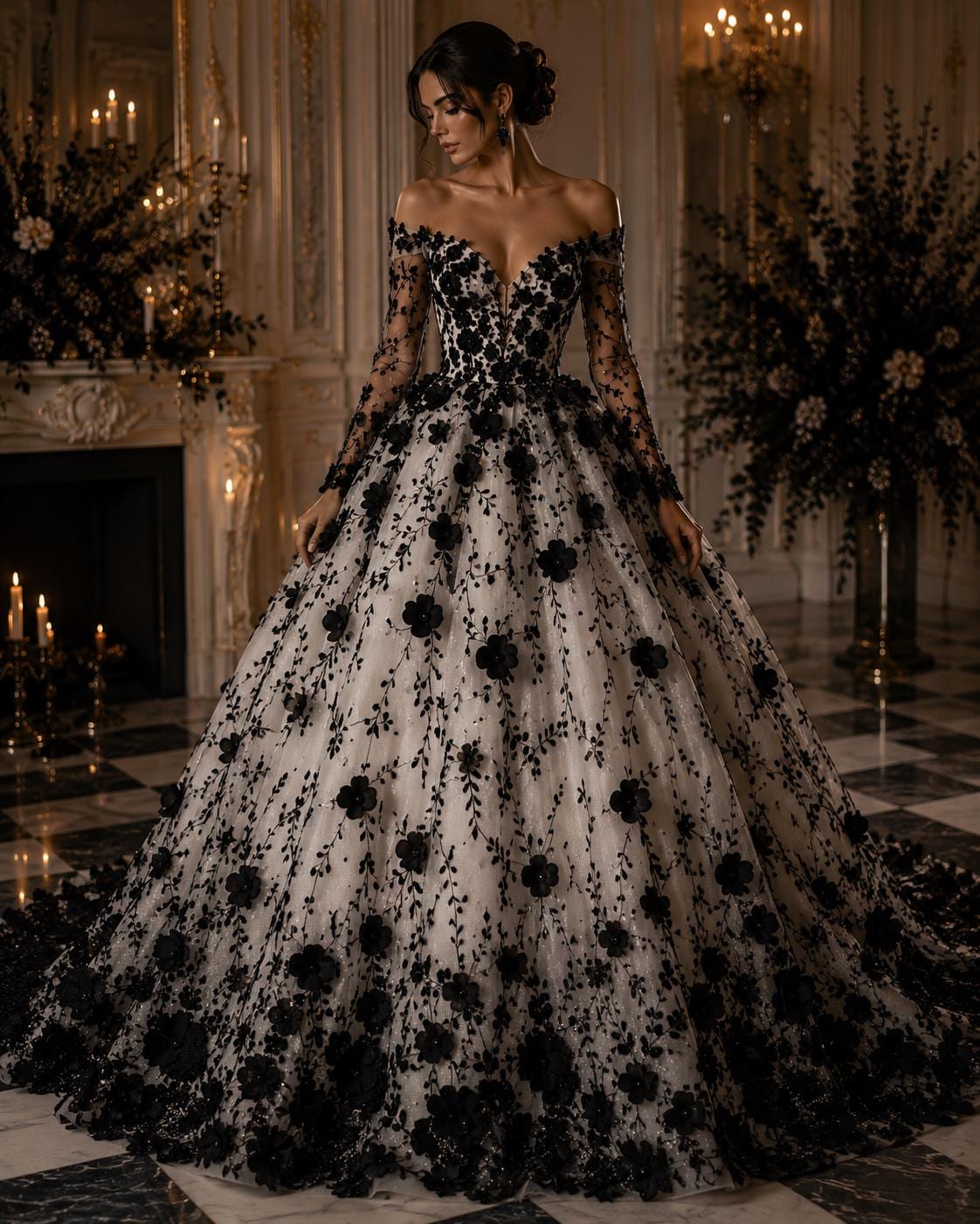3D Floral Satin Lace - Black -  3D Floral Embroidered Mesh Lace with Glitter| Fabric For Quinsiañera Dresses - Prom Dress Sold By Yard