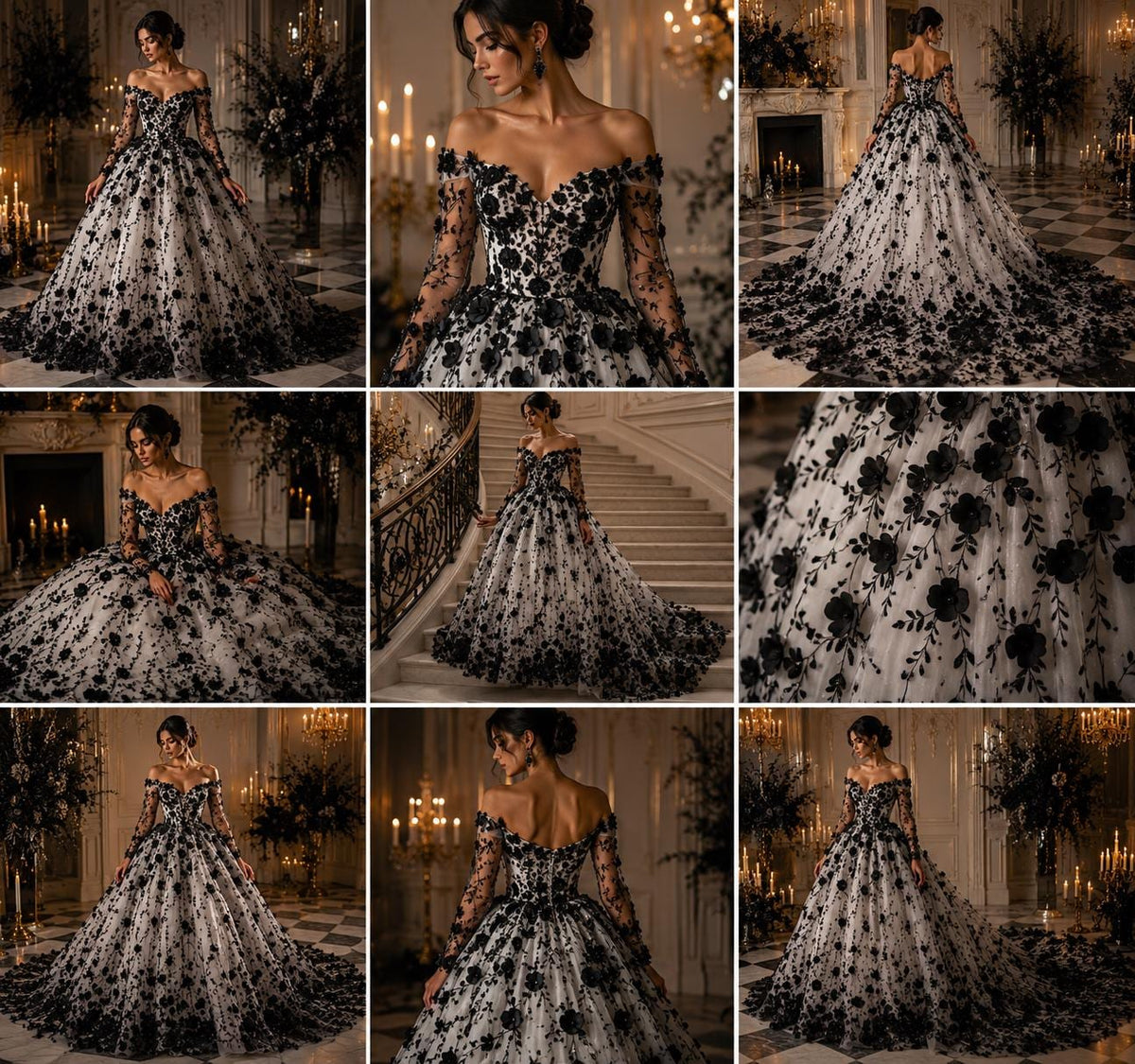 3D Floral Satin Lace - Black -  3D Floral Embroidered Mesh Lace with Glitter| Fabric For Quinsiañera Dresses - Prom Dress Sold By Yard