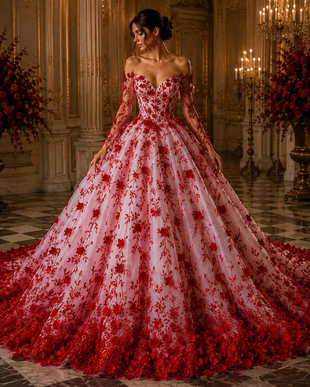 3D Floral Satin Lace - Red -  3D Floral Embroidered Mesh Lace with Glitter| Fabric For Quinsiañera Dresses - Prom Dress Sold By Yard