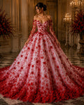 3D Floral Satin Lace - Red -  3D Floral Embroidered Mesh Lace with Glitter| Fabric For Quinsiañera Dresses - Prom Dress Sold By Yard