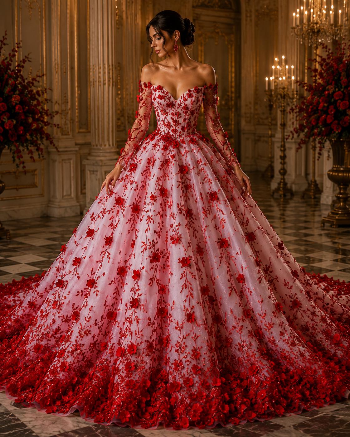3D Floral Satin Lace - Red -  3D Floral Embroidered Mesh Lace with Glitter| Fabric For Quinsiañera Dresses - Prom Dress Sold By Yard