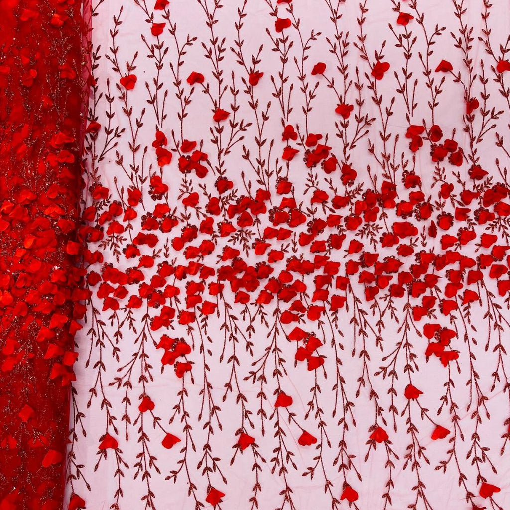 3D Floral Satin Lace - Red -  3D Floral Embroidered Mesh Lace with Glitter| Fabric For Quinsiañera Dresses - Prom Dress Sold By Yard