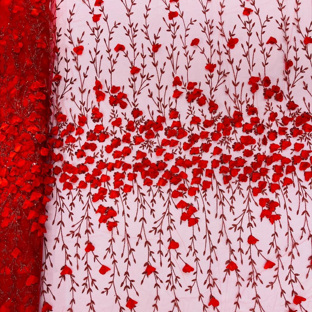 3D Floral Satin Lace - Red -  3D Floral Embroidered Mesh Lace with Glitter| Fabric For Quinsiañera Dresses - Prom Dress Sold By Yard