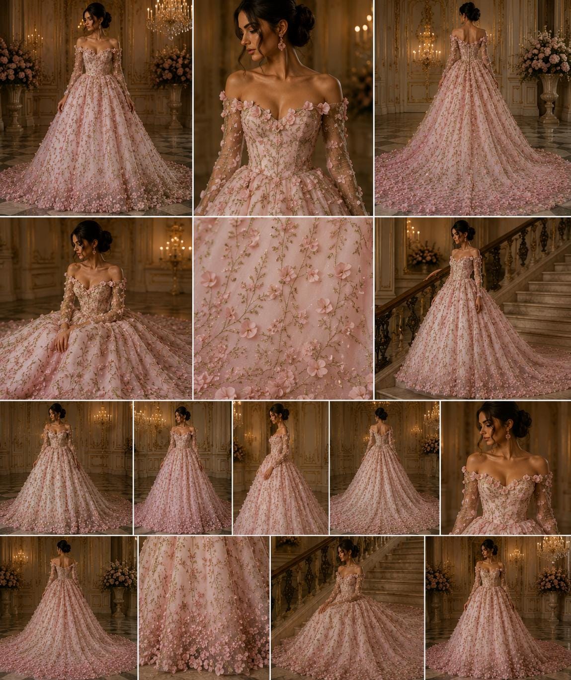 3D Floral Satin Lace - Blush -  3D Floral Embroidered Mesh Lace with Glitter| Fabric For Quinsiañera Dresses - Prom Dress Sold By Yard
