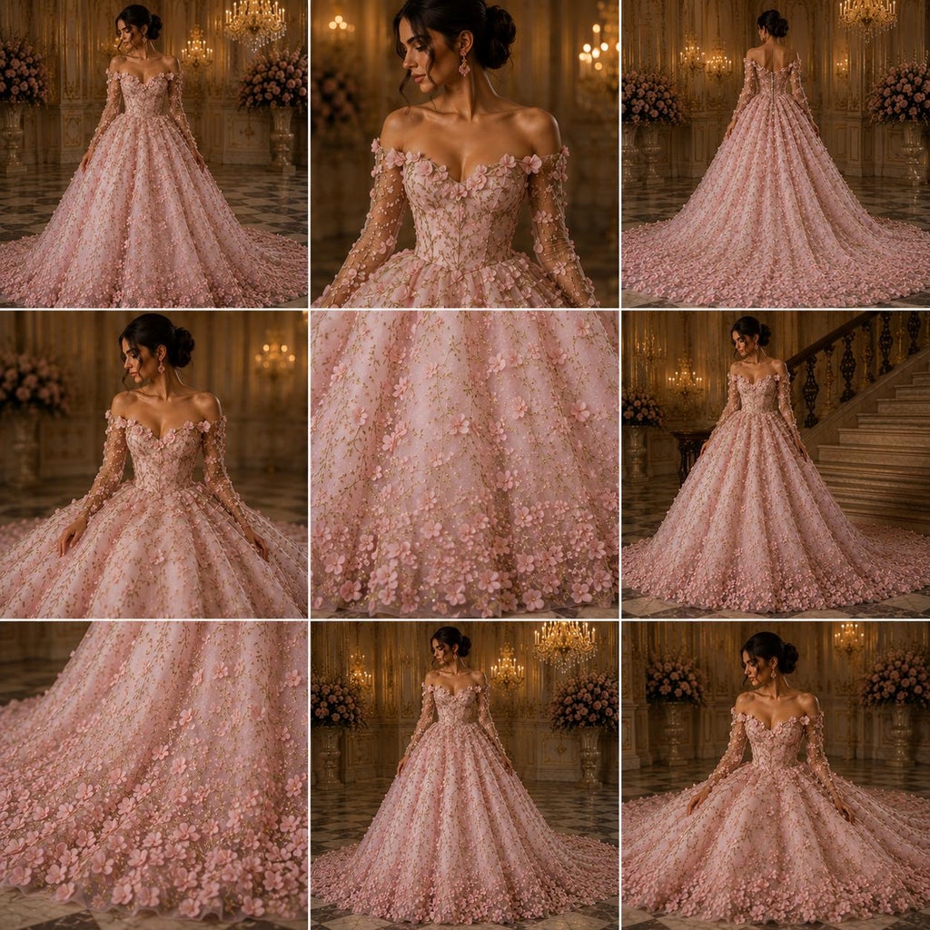 3D Floral Satin Lace - Blush -  3D Floral Embroidered Mesh Lace with Glitter| Fabric For Quinsiañera Dresses - Prom Dress Sold By Yard