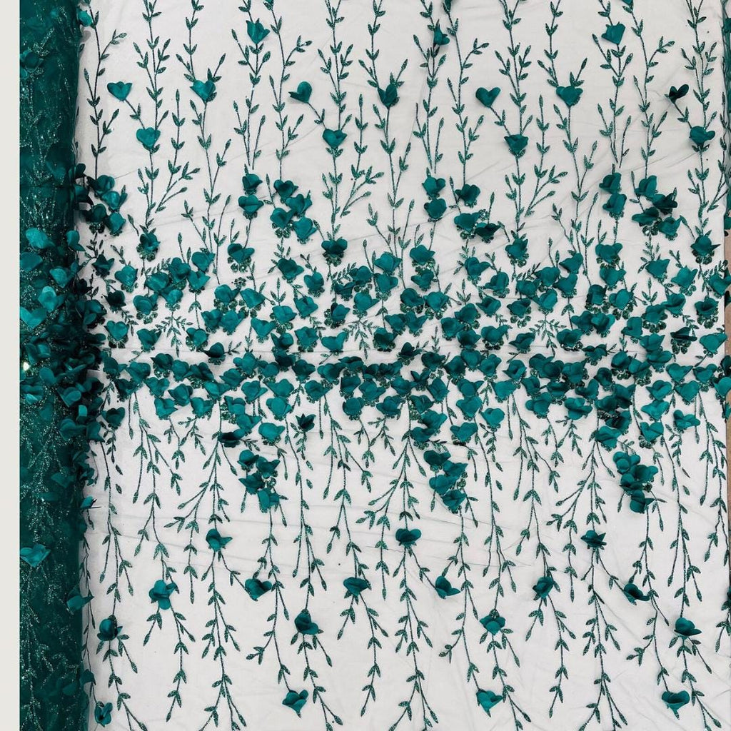 3D Floral Satin Lace - Hunter -  3D Floral Embroidered Mesh Lace with Glitter| Fabric For Quinsiañera Dresses - Prom Dress Sold By Yard