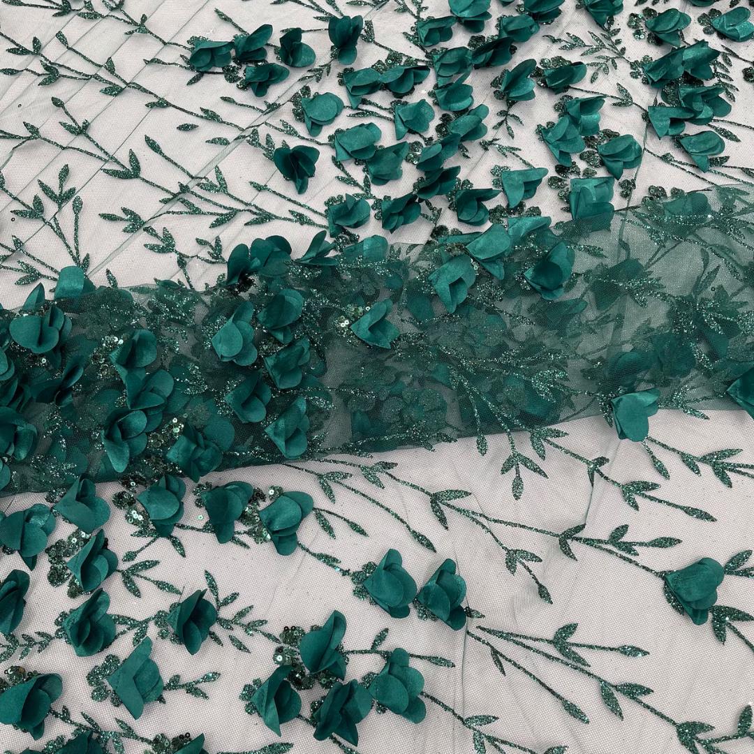 3D Floral Satin Lace - Hunter -  3D Floral Embroidered Mesh Lace with Glitter| Fabric For Quinsiañera Dresses - Prom Dress Sold By Yard