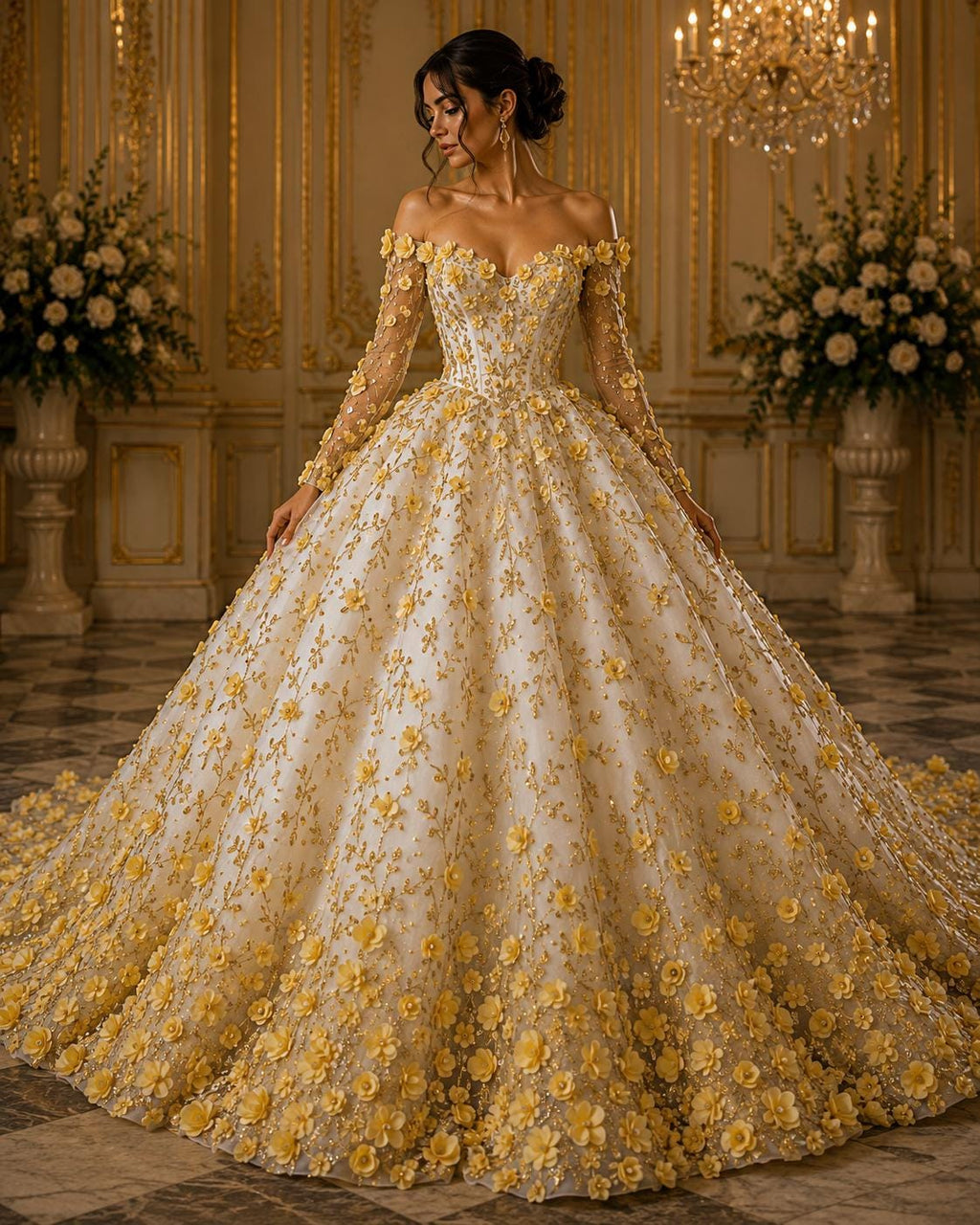 3D Floral Satin Lace - Gold -  3D Floral Embroidered Mesh Lace with Glitter| Fabric For Quinsiañera Dresses - Prom Dress Sold By Yard