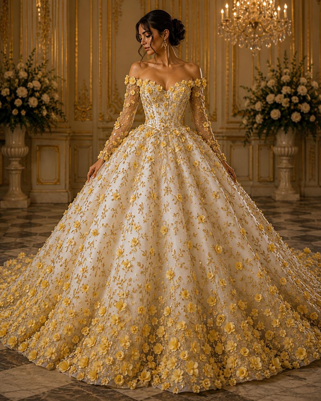 3D Floral Satin Lace - Gold -  3D Floral Embroidered Mesh Lace with Glitter| Fabric For Quinsiañera Dresses - Prom Dress Sold By Yard