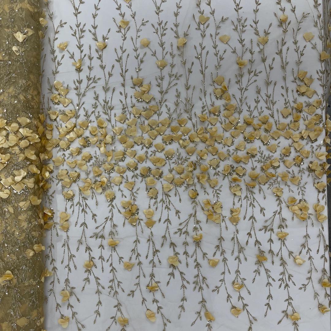 3D Floral Satin Lace - Gold -  3D Floral Embroidered Mesh Lace with Glitter| Fabric For Quinsiañera Dresses - Prom Dress Sold By Yard