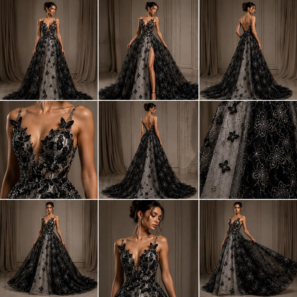 3D Butterfly Lace - BLACK -  3D Butterfly Design Embroider Beaded Fabric For Quinsiañera Dresses - Prom Dress Sold By Yard