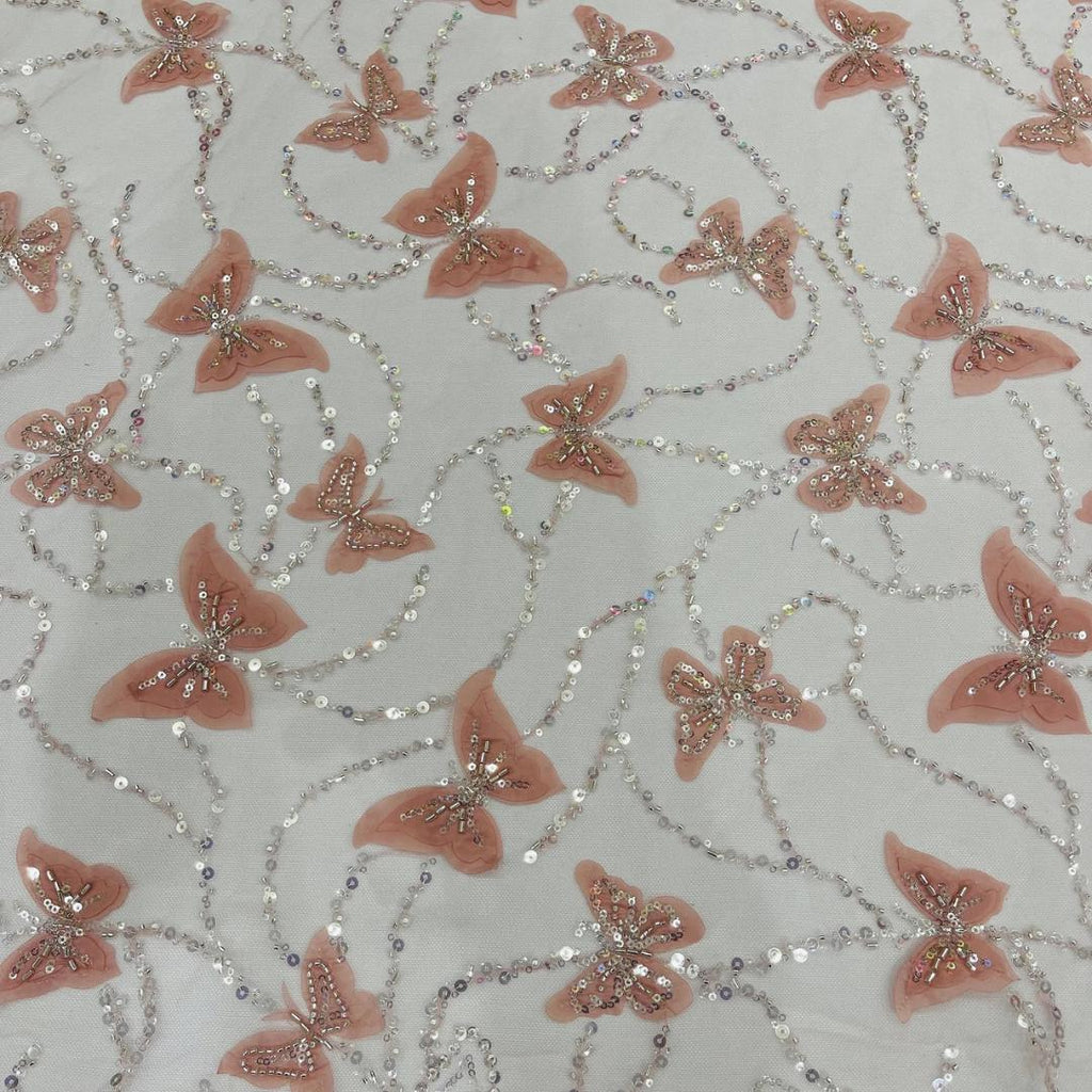 3D Butterfly Lace - DUSTY ROSE -  3D Butterfly Design Embroider Beaded Fabric For Quinsiañera Dresses - Prom Dress Sold By Yard