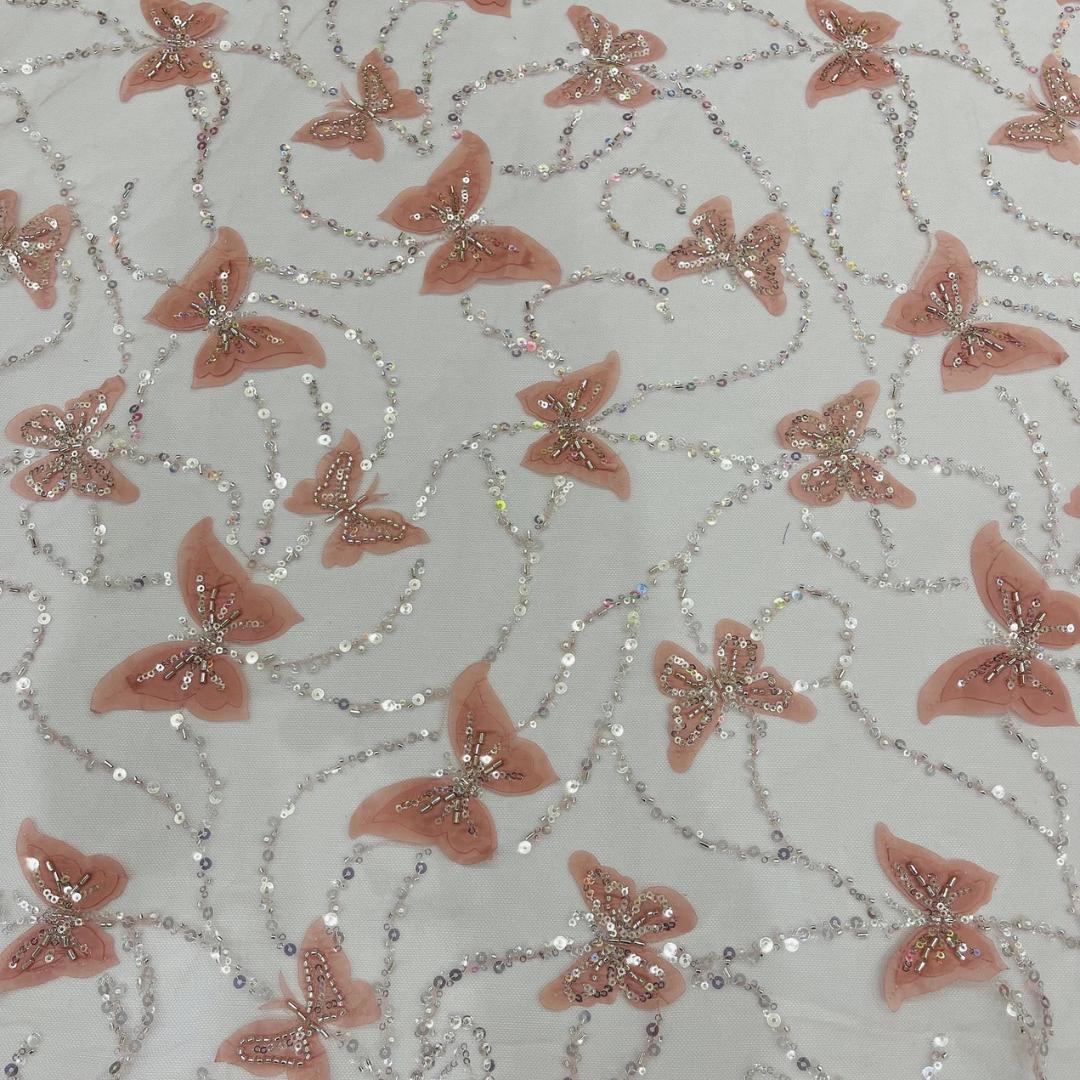 3D Butterfly Lace - DUSTY ROSE -  3D Butterfly Design Embroider Beaded Fabric For Quinsiañera Dresses - Prom Dress Sold By Yard