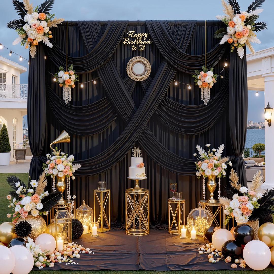 BLACK -  2 Panels Wrinkle Free Backdrop Curtains for Parties Silky Interlock Backdrop for Weddings Birthday Party Curtains. Choose Size