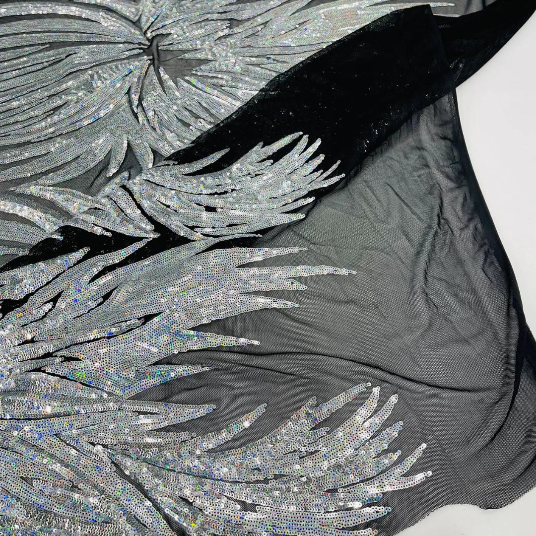 Feather Design Iridescent - SILVER/BLACK - Luxury Shiny Sequin - 4 Way Stretch Mesh Fabric – Prom & Evening Dress Material By The Yard.